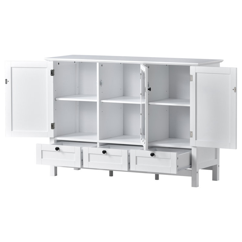 Console moderne pour salle à manger avec 2 portes, 3 tiroirs et tablettes réglables, Blanc
