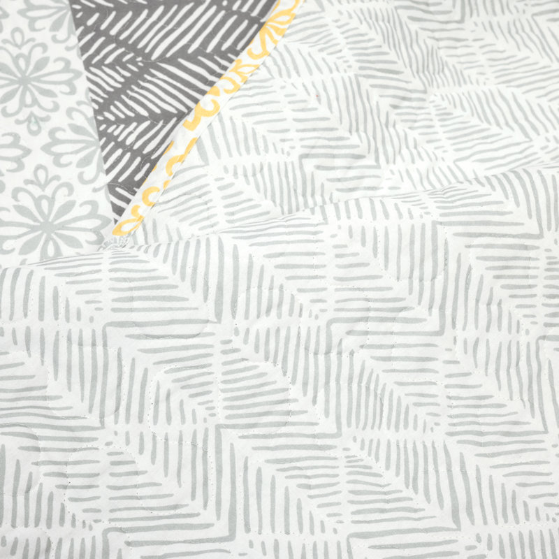 Bohemian 100% Cotton Reversible 3-Piece Quilt Set, Yellow/Gray Geometric, California King Quilt + 2 Standard Shams