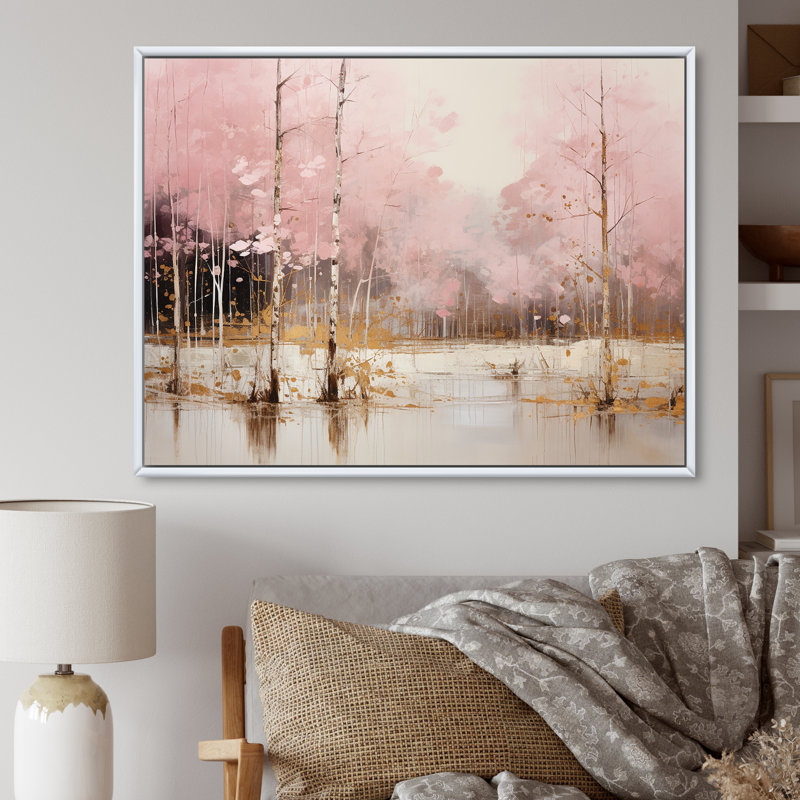 «Minimalisme rose et forêt dorée I», art sur toile, Cadre flottant blanc, H 12 po x l 20 po x P 1 po
