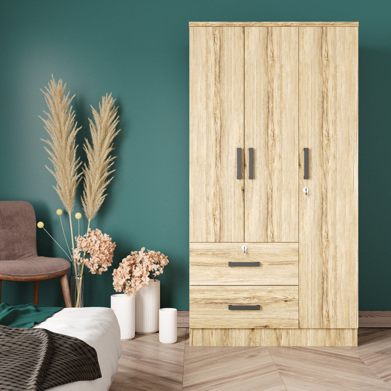Garde-robe 3 portes, 2 tiroirs, 1 serrure Ke Wilson - 36 W, Hêtre