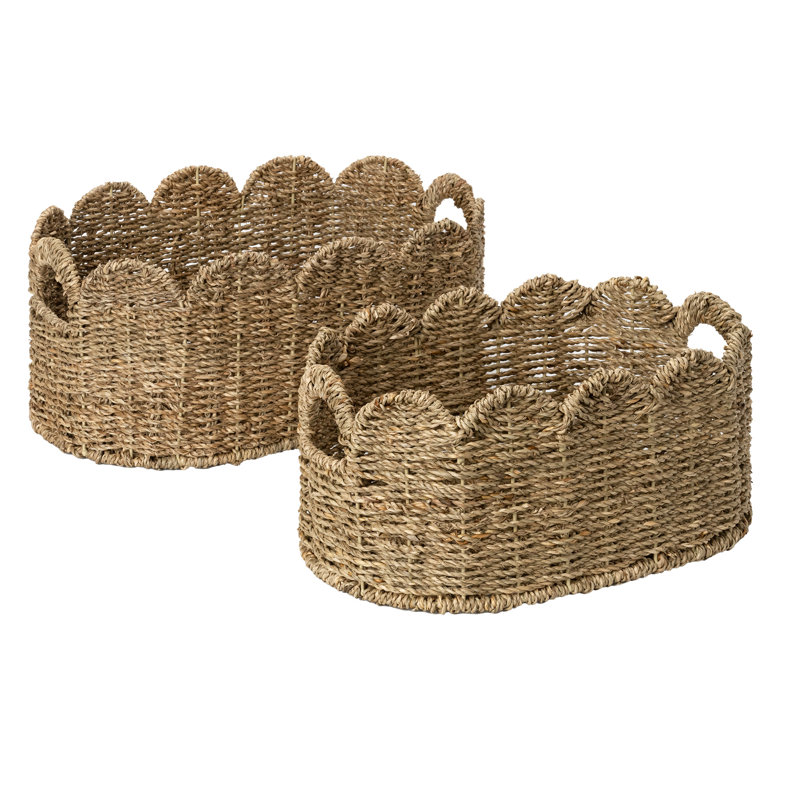 Scalloped Wicker Storage Baskets, Hand-woven Rattan Nesting Baskets with Built-in Handles, Seagrass, Seagrass