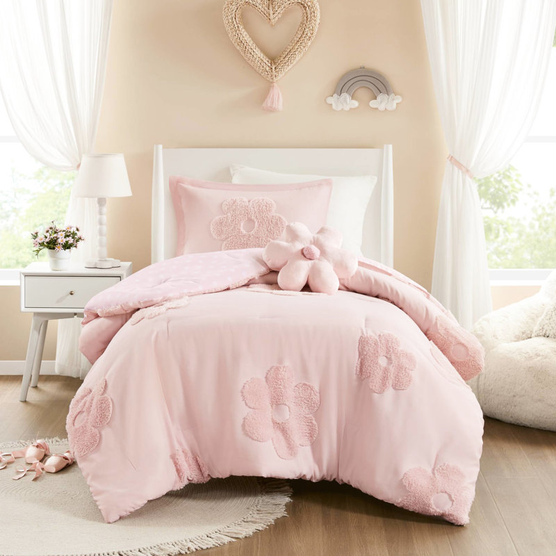 Édredon simple en chenille à motif floral rose avec rembourrage réversible en tissu lavable à la machine