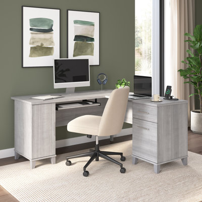 Paelynn 60” L-Shaped Desk with Storage and Drawers, Corner Computer Office Desk, Modern Wood, Platinum Gray