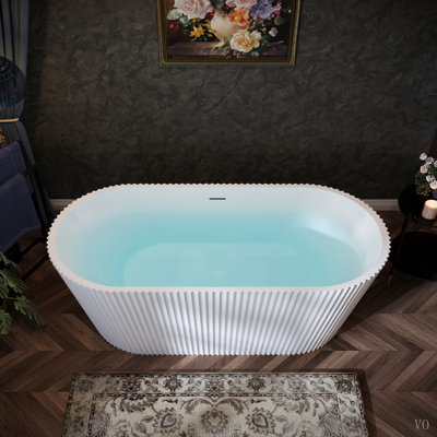 67" Acrylic Freestanding Bathtub, Modern Deep Soaking Tub w/ Overflow & Pop-Up Drain, Fluted Oval Shape Stand Alone Soaker Tub for Bathroom Remodel Projects