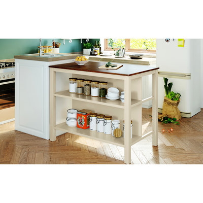 Rustic Solid Wood Dining Table Island - 45" Walnut And Cream White 2 Open Shelves For Compact Spaces Kitchen In Design Top Frame With Small Areas