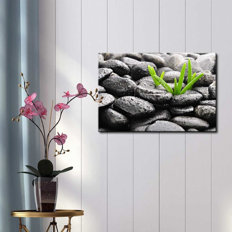 «Zen Stones Rain Drops over Black Rocks and Little Green Plants», reproduction de photo sur toile tendue
