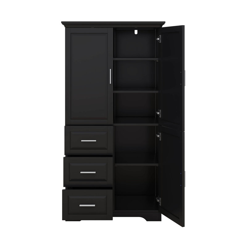 Tall And Wide Storage Cabinet With Doors, Three Drawers, Black