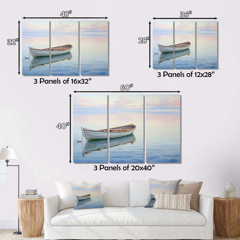 «Boat Harmonious Horizon II» sur toile, reproduction de 3 pièces, H 28 po x l 36 po x P 1 po
