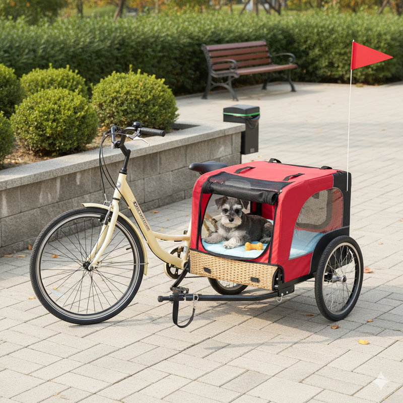 Trailer Cart Attachable to Bicycles for Small and Medium-Sized Dogs, Engineered with a Simple Folding Frame, Rapid-Detach Wheels, a Slip-Resistant Floor, and a Safety Leash Inside