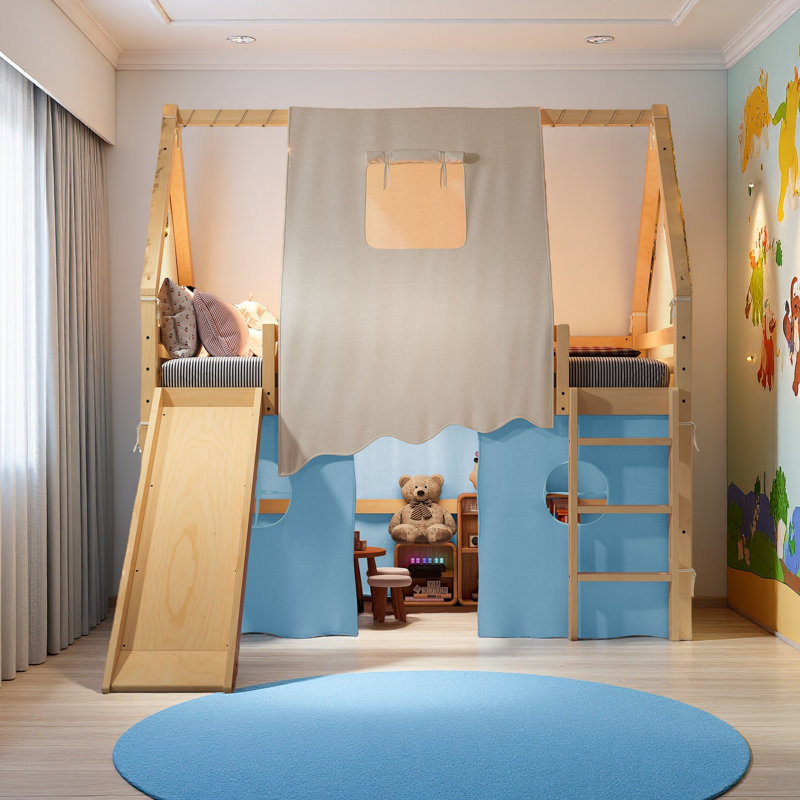 Lit mezzanine House avec rebords et tentes, lit mezzanine en bois massif avec échelles et glissade, design chic avec lumières, aucun sommier
