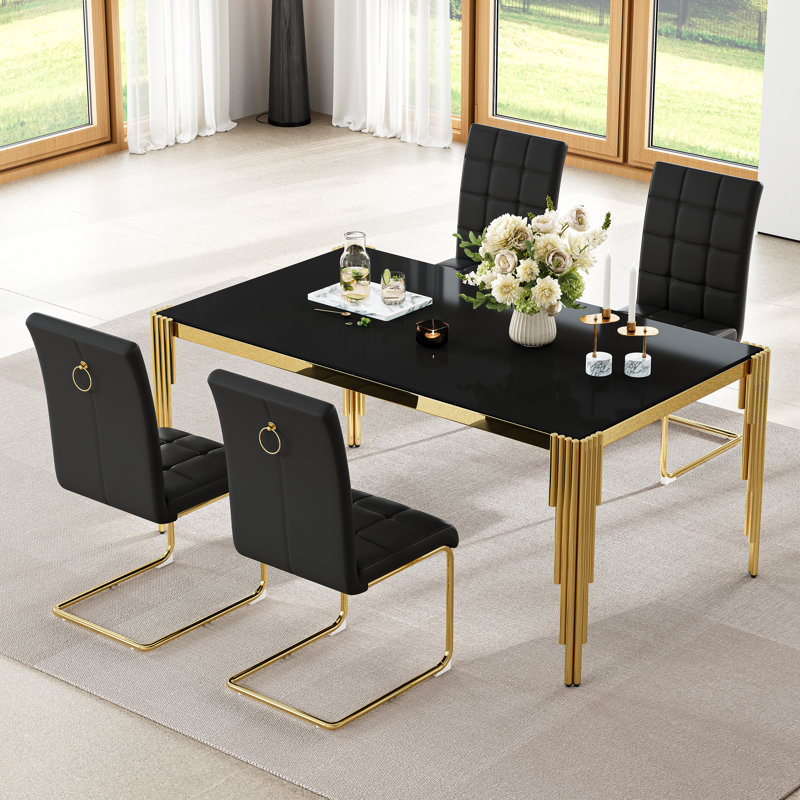 65" Glass Dining Set Of 5, Modern Rectangular Tempered Glass Table With Irregular Round Stainless Steel Legs, And 4 Cantilever PU Leather Upholstered Dining Chairs