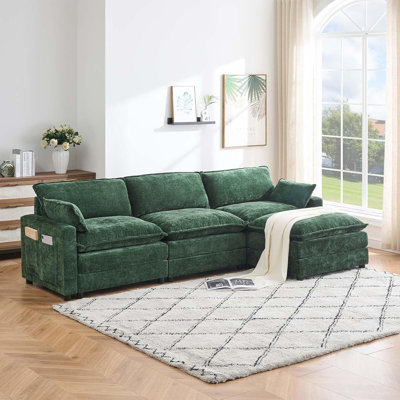 Chenille 113-Inch Modular Combo Sofa, Modern 3-Seater L-Shaped Sofa with Ottoman, 2 Cushions, Side Pockets, Oversized Faux Fur Upholstered Sofa for Li