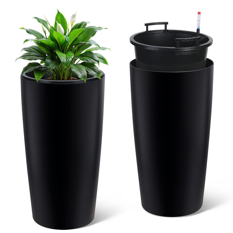30 in 2Pcs Black Tall Planters for Outdoor Plants Large Outdoor Planters for Front Porch Decor with Drainage Holes＆Water Level Monitor ＆Inner Bucket