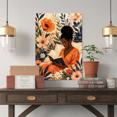 Canvas Wall Art Black Woman Reading Book Floral Garden Print Vintage Poster Print Home Decor