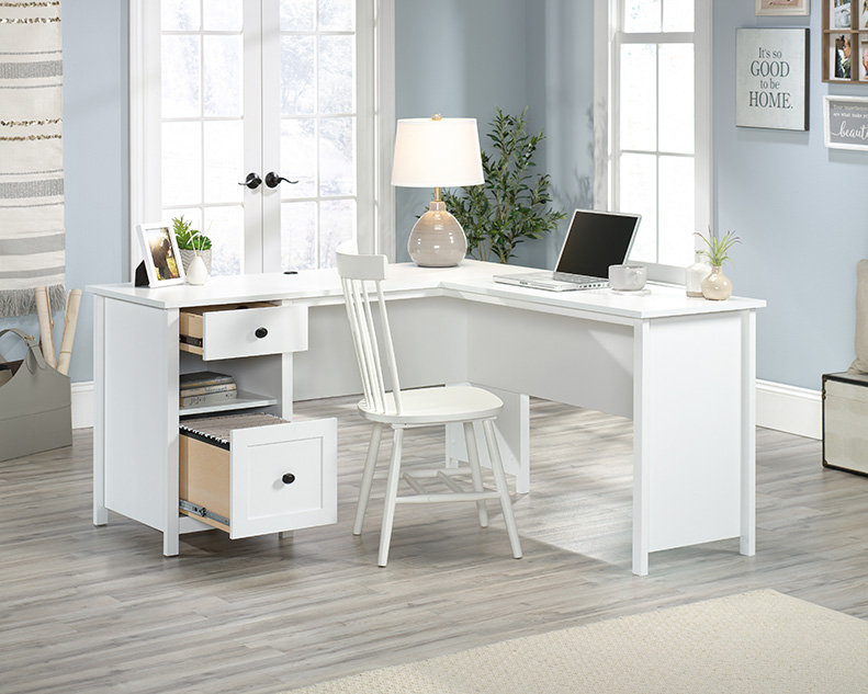Bureau en L doux avec tiroir classeur, Blanc
