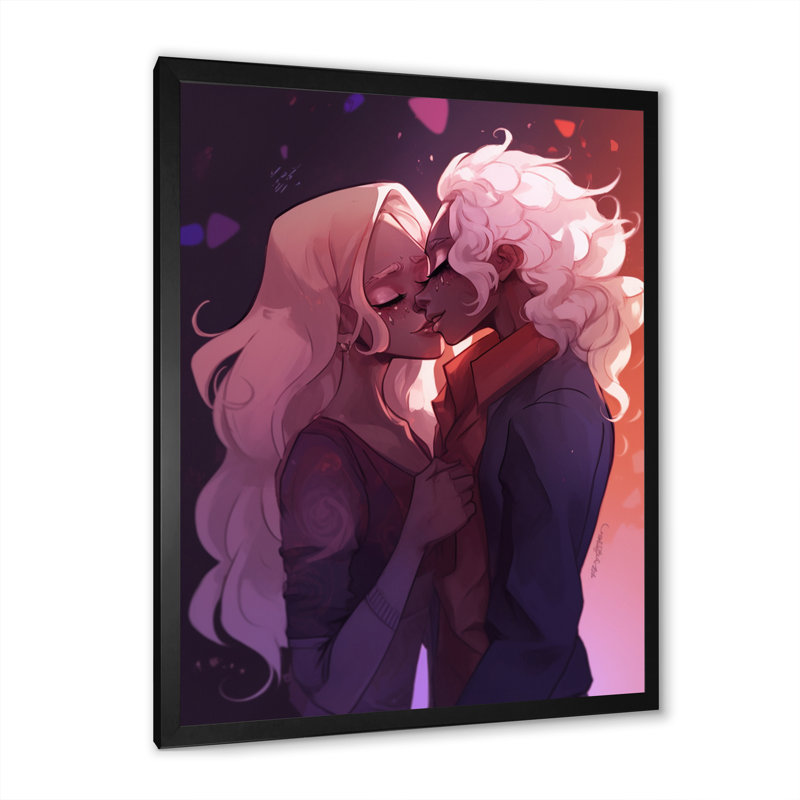 «Young Love» Couple, Kissing I, sur toile, H 44 po x l 34 po x P 1,5 po, Cadre simple noir