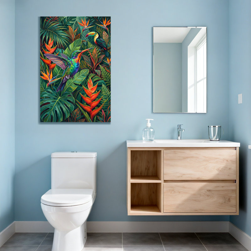 Animaux, oiseaux tropicaux et motif de feuillage luxuriant, H 28 po x l 40 po