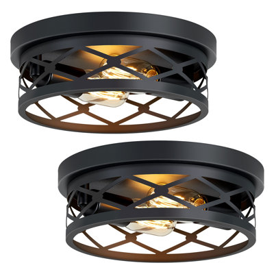 2-Pack Matte Black Industrial Flush Mount Ceiling Light, Round Geometric Iron Lamp for Hallway, Kitchen, and Entryway (Bulbs Not Included)