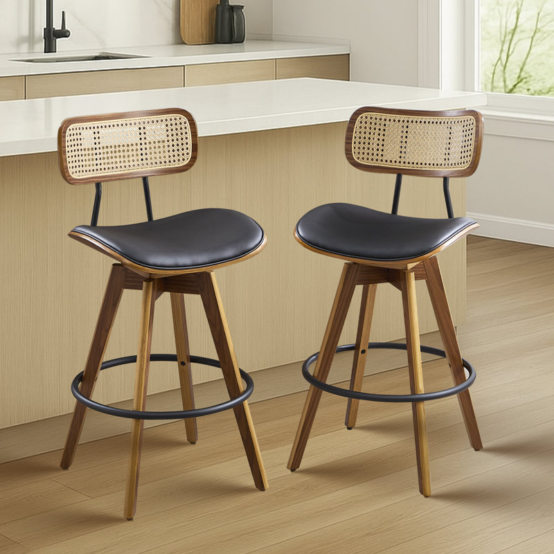Color Swivel Upholstered Faux Leather Counter Stool with Solid Wood Frame, Black