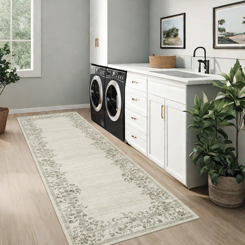 Tapis antidérapant lavable à la machine pour le salon Bordure florale à motif vieilli rétro, Tapis de couloir 2 pi x 6 pi