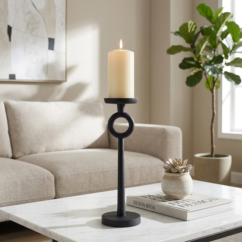 Porte-bougie simple en fer noir moderne, H 13 po x l 4 po x P 4 po, Noir