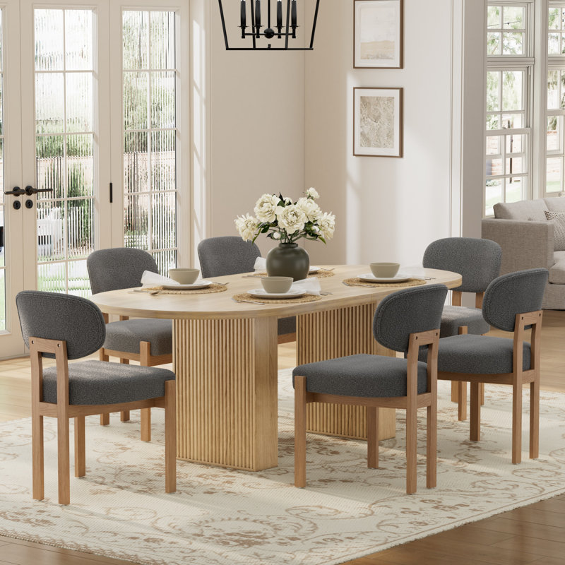 Oval Double Pedestal Kitchen Table Sets, 7 Pieces: Table, 6 Chairs, Gray, Natural