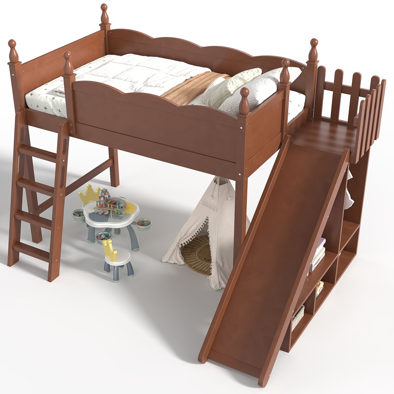 Wooden Loft Bed with Shelves, Wardrobe & Detachable Slide, Antique Natural, Twin