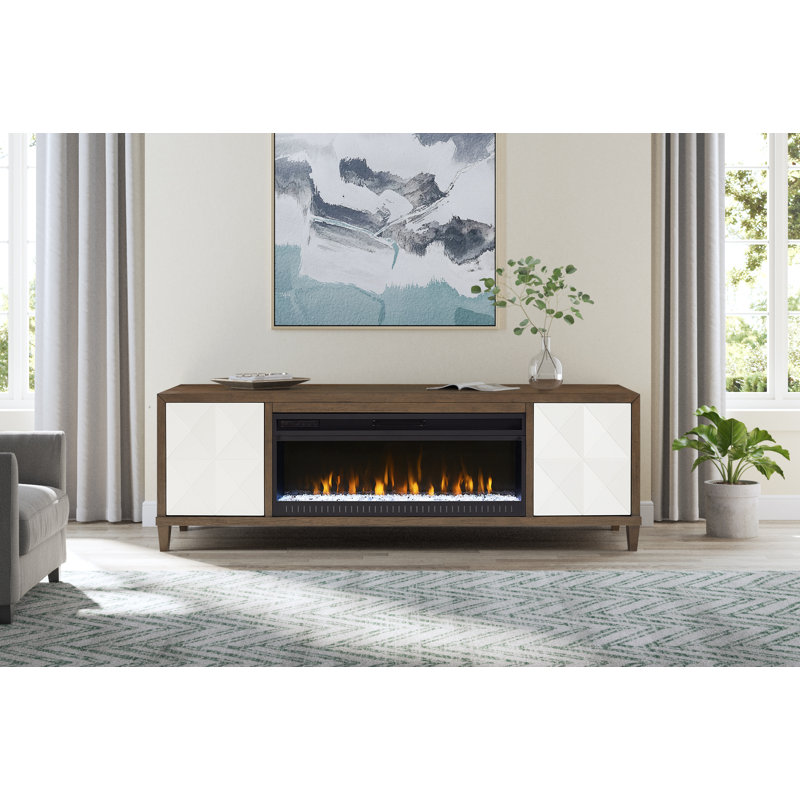 Console pour foyer en bois avec portes et meuble télé Michaella, Brun clair, H 26 po x l 81 po x P 15 po