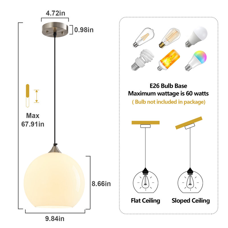 Luminaire suspendu en forme de globe à 3 lumières Charolyn Luminaire suspendu en verre pour îlot de cuisine, Milky Lustre