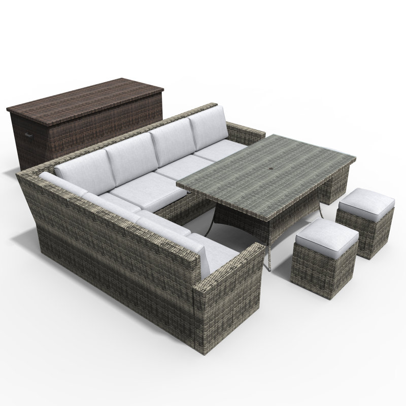 Ensemble de conversation modulaire en rotin 9 pièces avec coussins 9 pièces, gris, gris