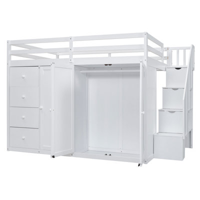 Full Size Wood Loft Bed With Built-In Wardrobes, Cabinets And Drawers, White