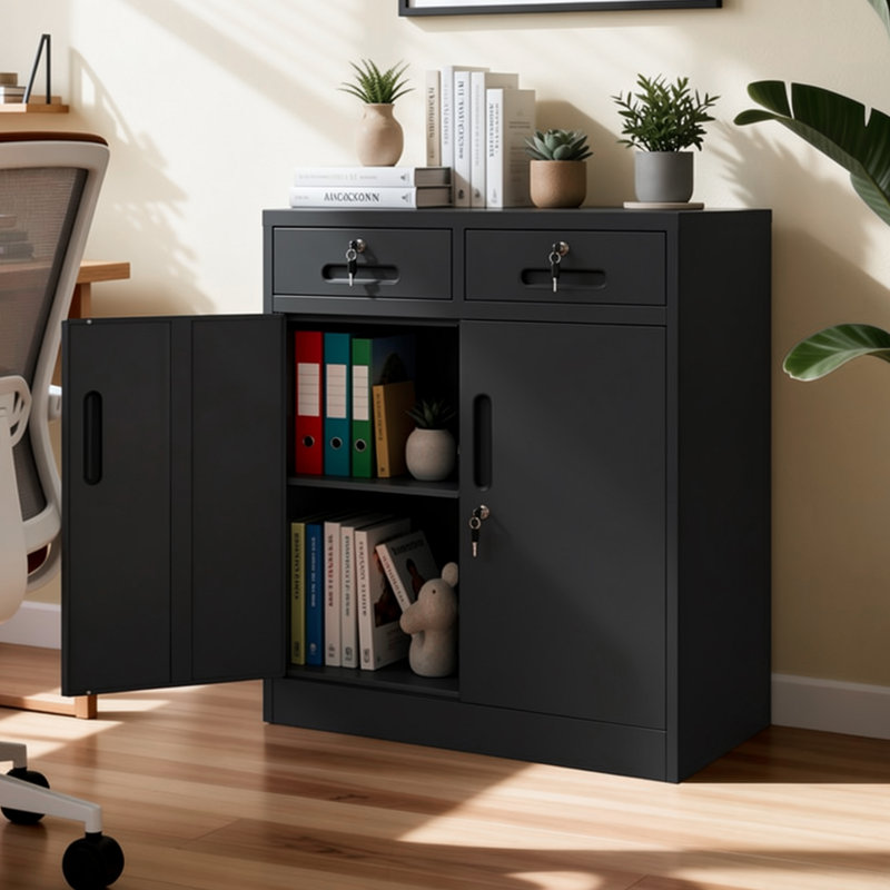 Metal Storage Cabinet with 2 Drawers & Adjustable Shelf, 31.5"W×16"D×35.4"H Heavy Duty Steel Office File Cabinet, Anti-Tipping Design, for Home Office Garage Basement, Black