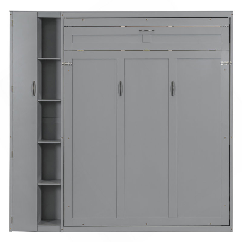 Grand lit escamotable mural avec tablettes, garde-robe et lumières DEL, gris, Grand lit, Gris