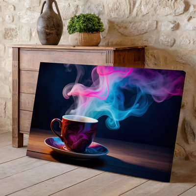 "Toile", une représentation artistique vibrante d'une tasse de café fumante posée sur une table en bois illuminée sur un fond sombre, art mural