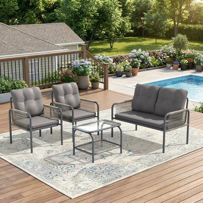 4-Piece Outdoor Rattan Patio Conversation Set, All-Weather Metal Frame Sofa Set with Glass Coffee Table & Removable Grey Cushions for Porch, Deck, Backyard