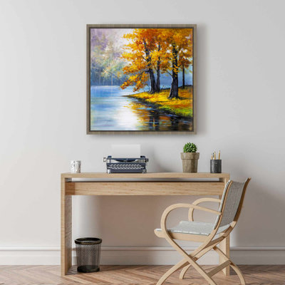 Deux arbres au bord du lac | Toile avec cadre bleu | Décoration intérieure