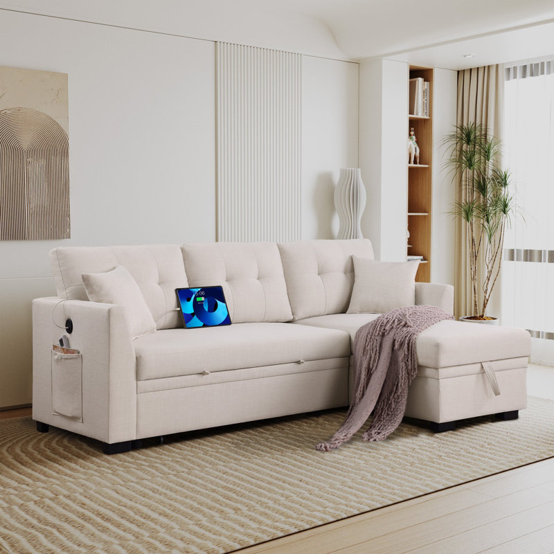 82" Reversible Sleeper Sofa with Linen Upholstery, Storage Chaise & USB Charging Port, Beige Linen Blend