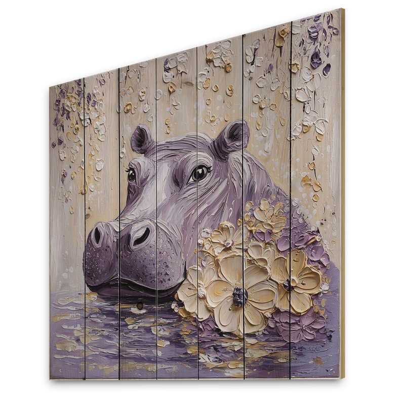 Lavande, hippopotame broutant les prés II - art mural moderne sur bois de pin naturel, H 15 po x l 15 po
