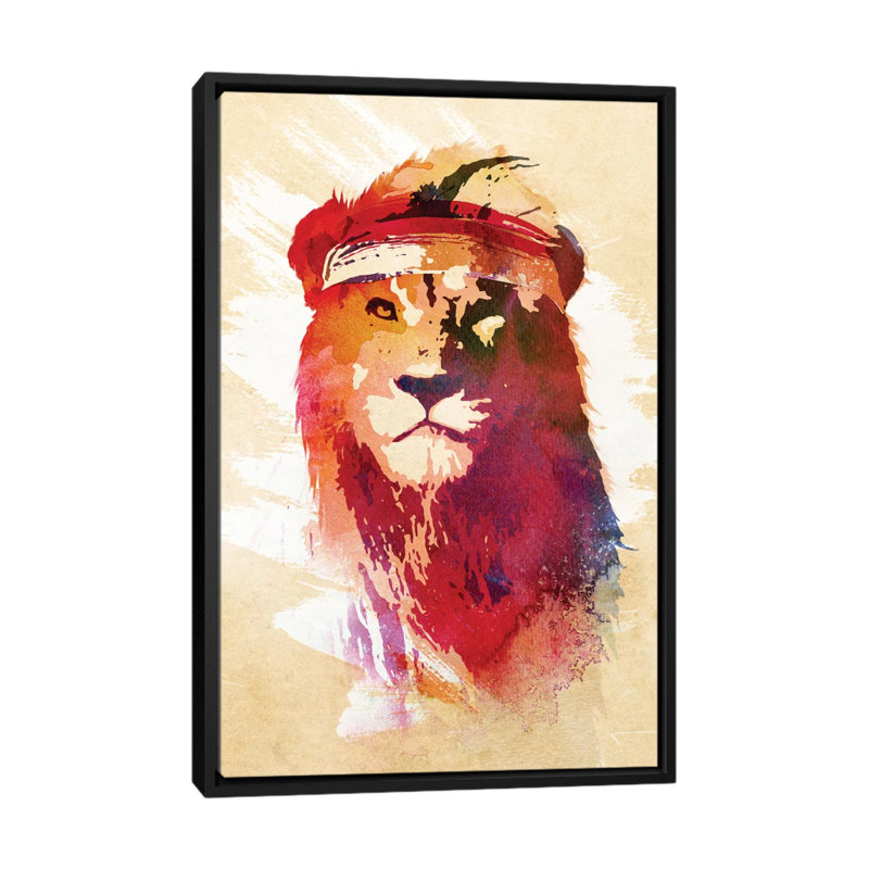 «Gym Lion» par Robert Farkas - Impression sur toile, H 48 po x l 32 po x P 1,5 po, Toile encadrée noire, Pas de tapis