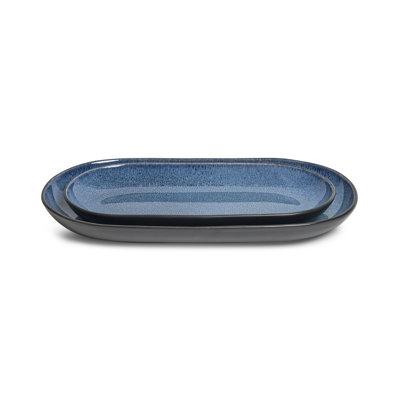 Sango Resona Blue Serving Platters Set of 2, 12" & 14" Stoneware Platter, Microwave & Dishwasher Safe