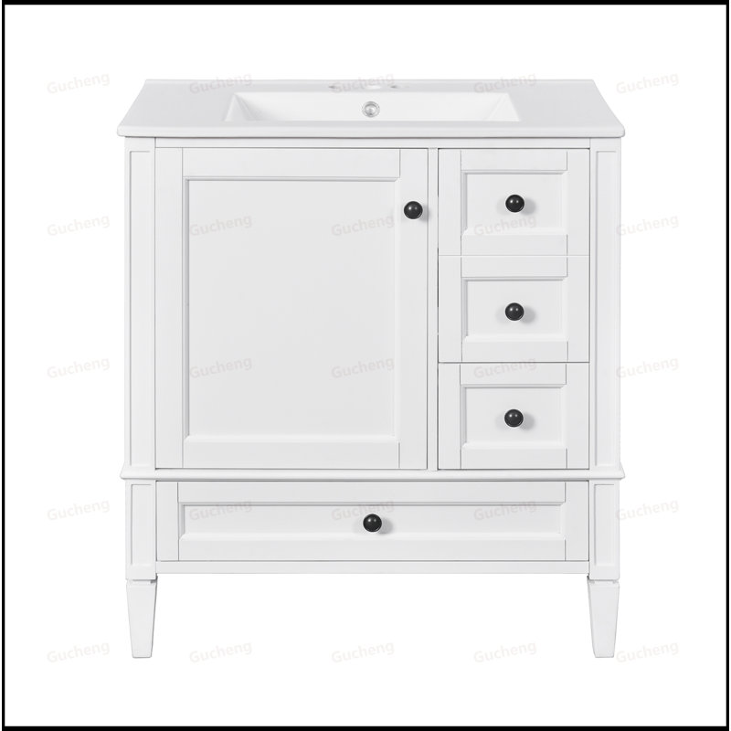Meuble-lavabo 30 po avec tiroirs et lavabo en céramique, Blanc/Noir