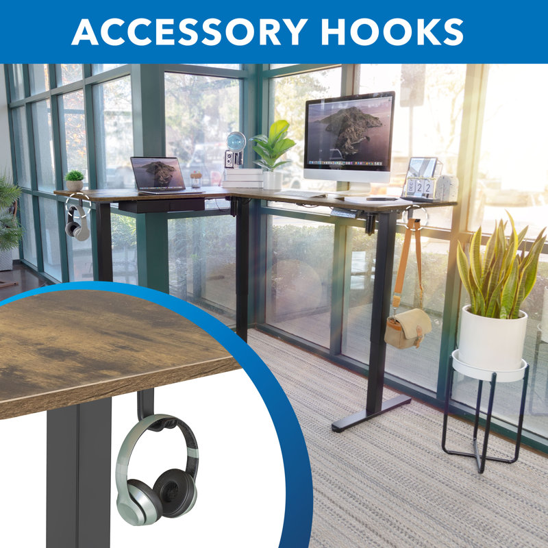 Rustic Brown L-Shaped Electric Adjustable Standing Desk with Drawer