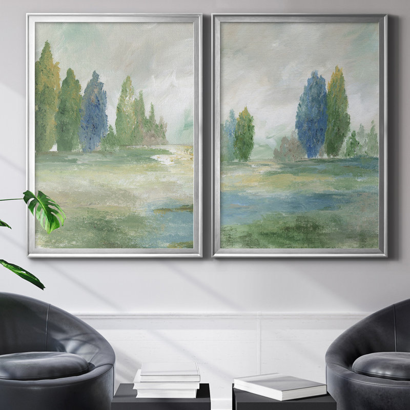 Jeweled Valley I - Ensemble de 2 reproductions d'art, H 18,5 po x l 49 po, Toile encadrée, Argent argent