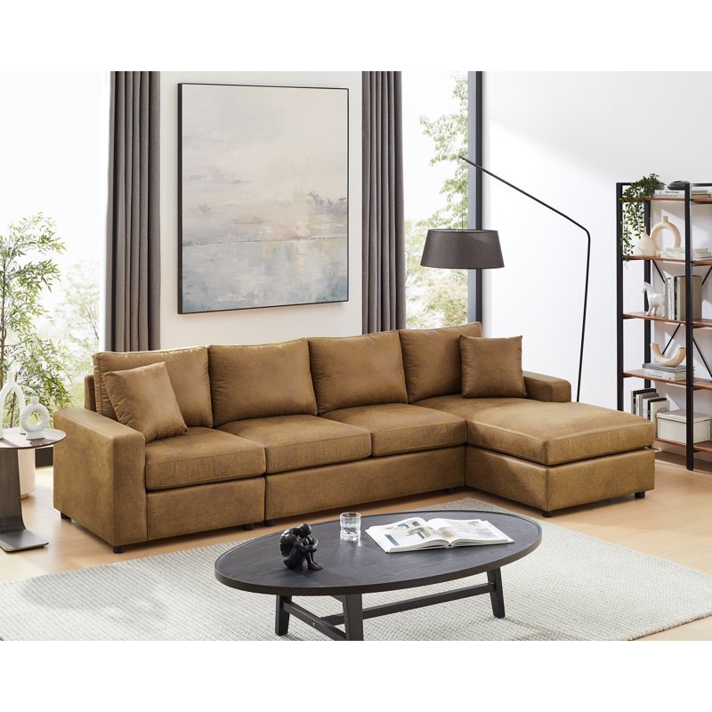 Brookstill 3-Piece L Shaped Faux Leather Sectional, Light Brown Faux Leather