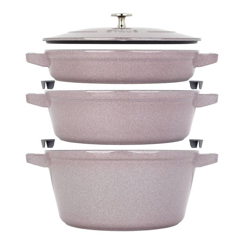 Staub Cast Iron Set 4 Piece, Stackable Space-Saving Cookware Set, Dutch Oven with Universal Lid, Made in France, Lilac