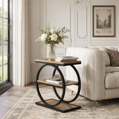 3-Tier End Table, Industrial Sofa Side Table with Round Metal Frame