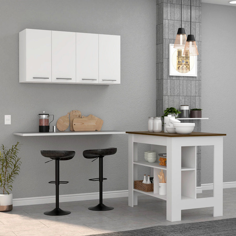 Burlingame 5-Shelf 4-Door 2-Piece Kitchen Set, Kitchen Island And Upper Wall Cabinet White And Walnut