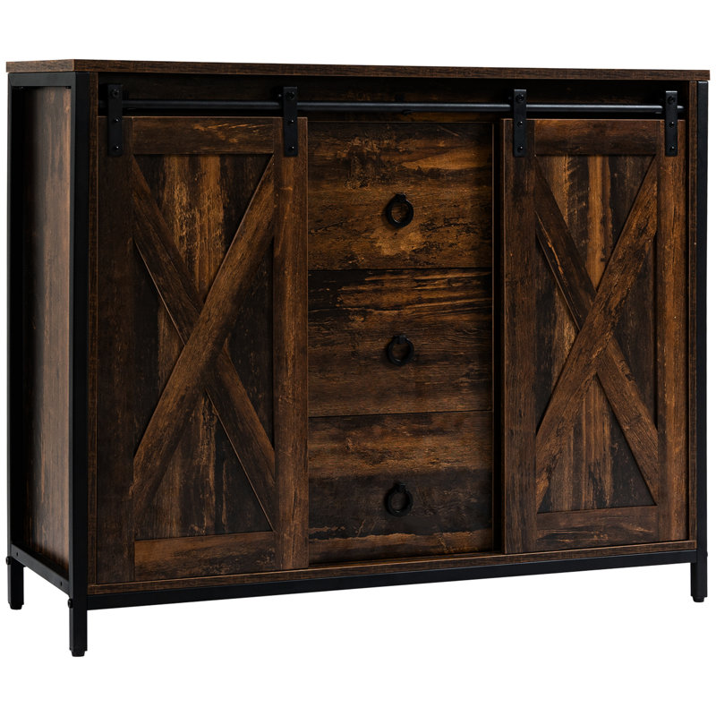 Buffet Buffet industriel - rustique en brun avec portes de grange coulissantes, 3 tiroirs, tablettes réglables pour un usage domestique, trois tiroirs et