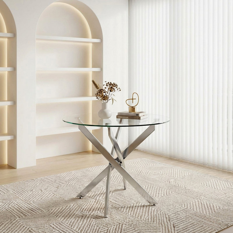 Round Dining Table, Glass Dining Table With Silver Legs, Modern Kitchen Table For Home Kitchen, Dining Room, Chrome