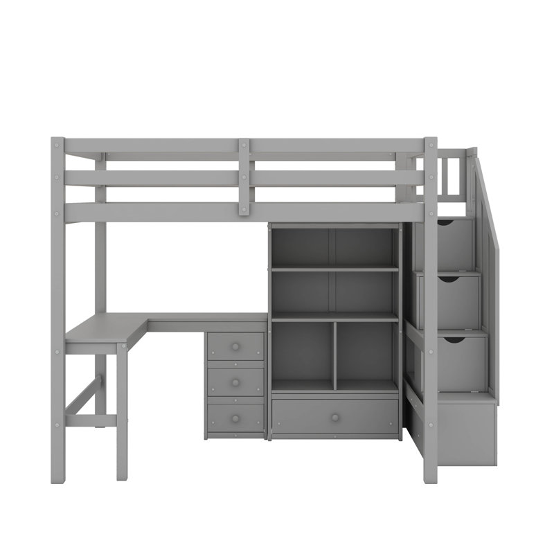 Lit mezzanine double avec bureau en L, armoire, tiroirs et escalier de rangement, Gris